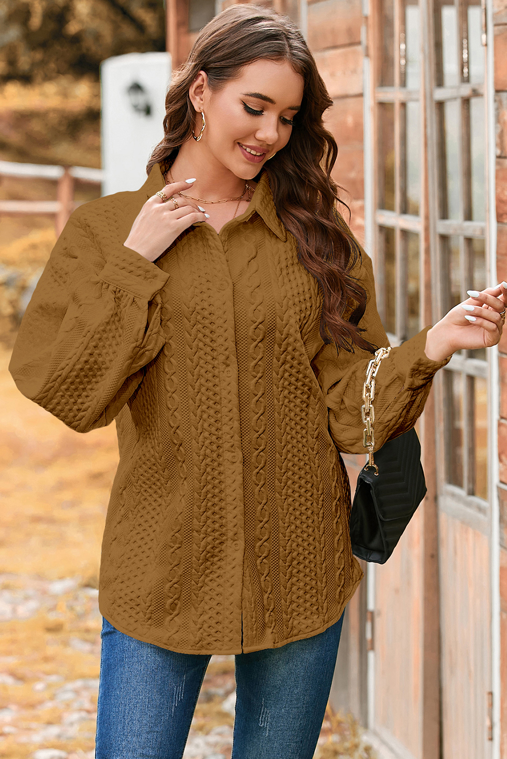 Sepia Rose Cable Texture Puff Sleeve Loose Shacket