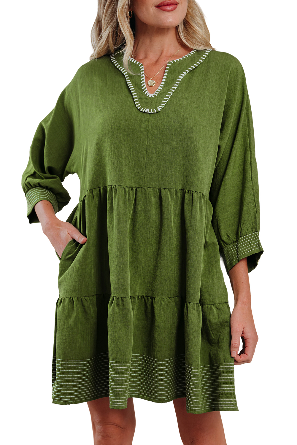 Black Contrast Stitched V Neck 3/4 Sleeve Tiered Mini Dress