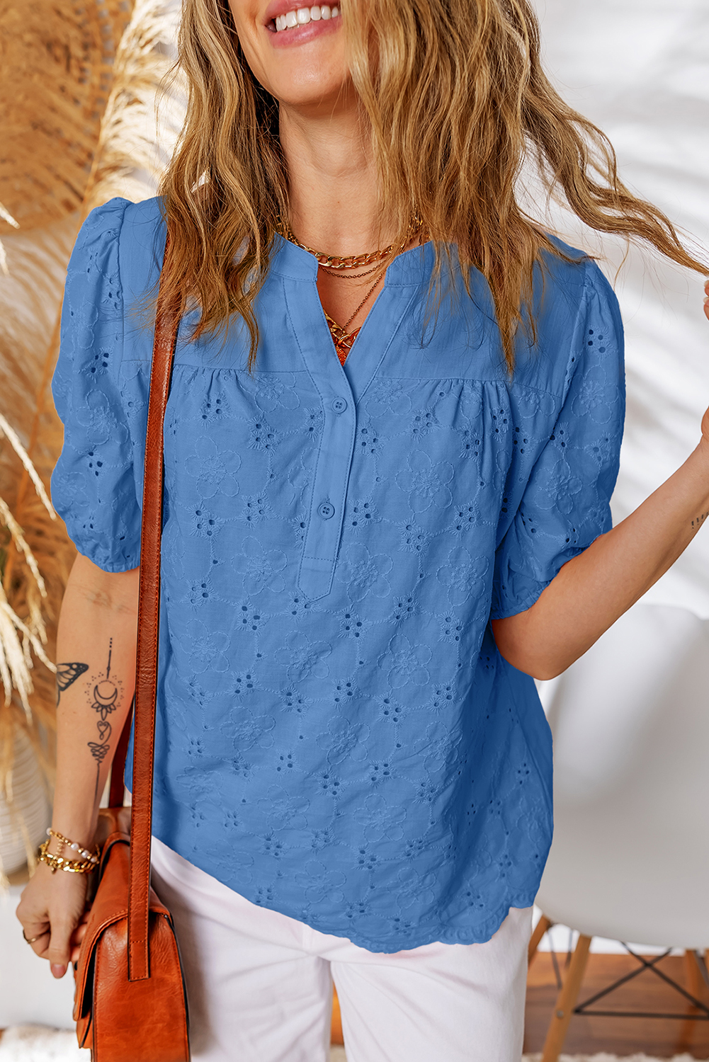 Vineyard Green Lace Crochet V Neck Half Sleeve Embroidery Button Down Blouses Casual Shirts
