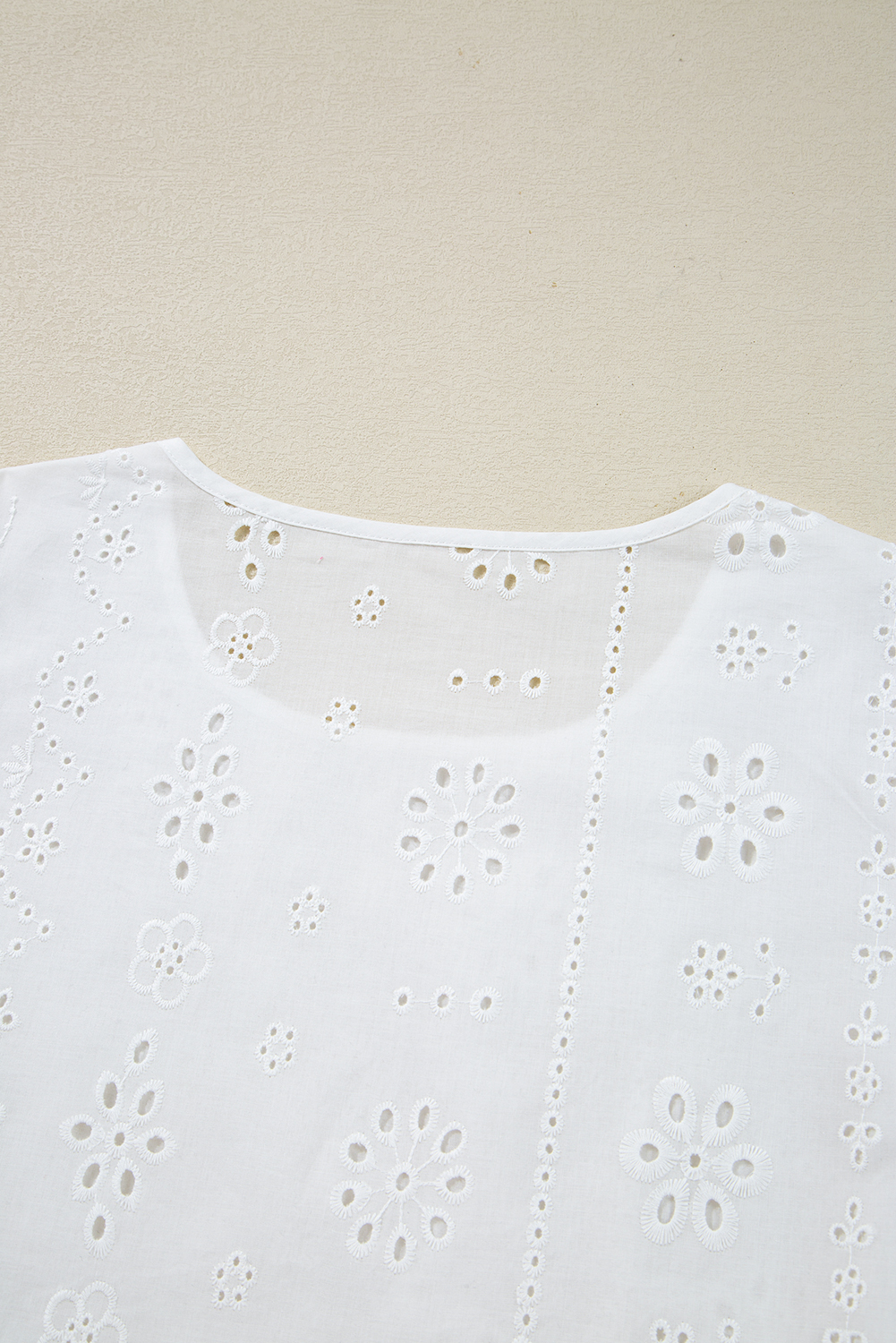 White Eyelet Embroidered Smocked Cuff Sheer Blouse