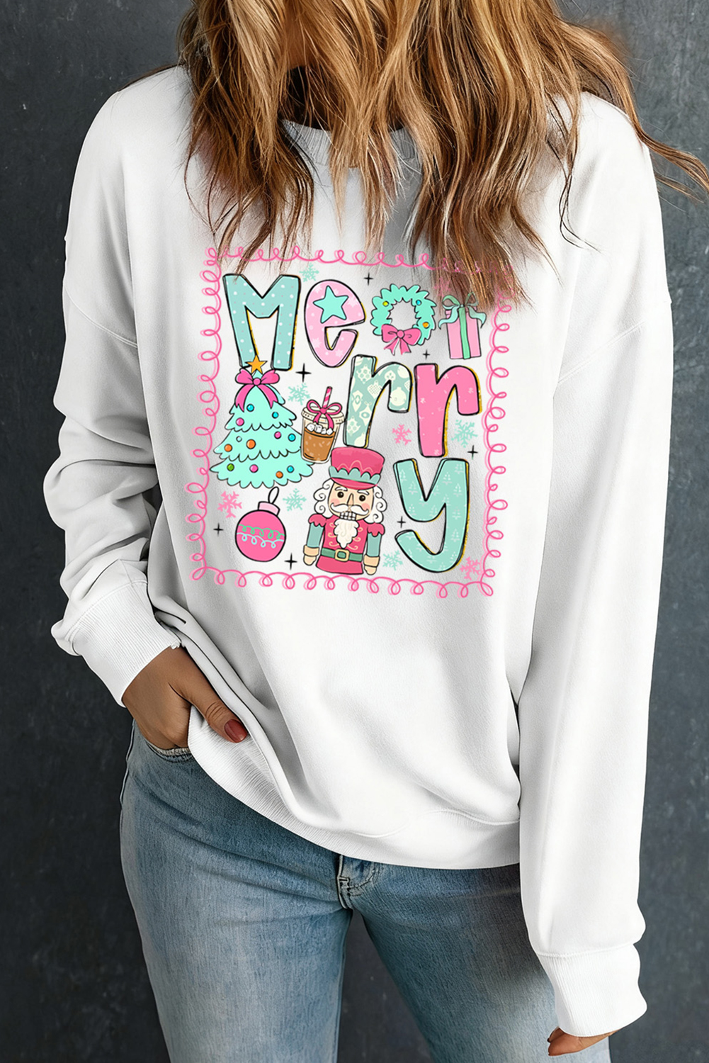 White Merry Christmas Fashion Print Cotton Blend Sweatshirt