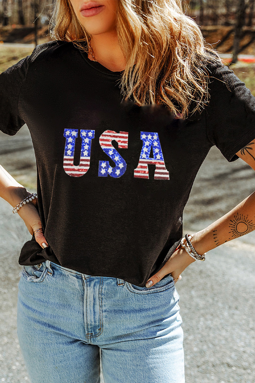 Black USA Stars and Stripes Crew Neck Graphic Tee