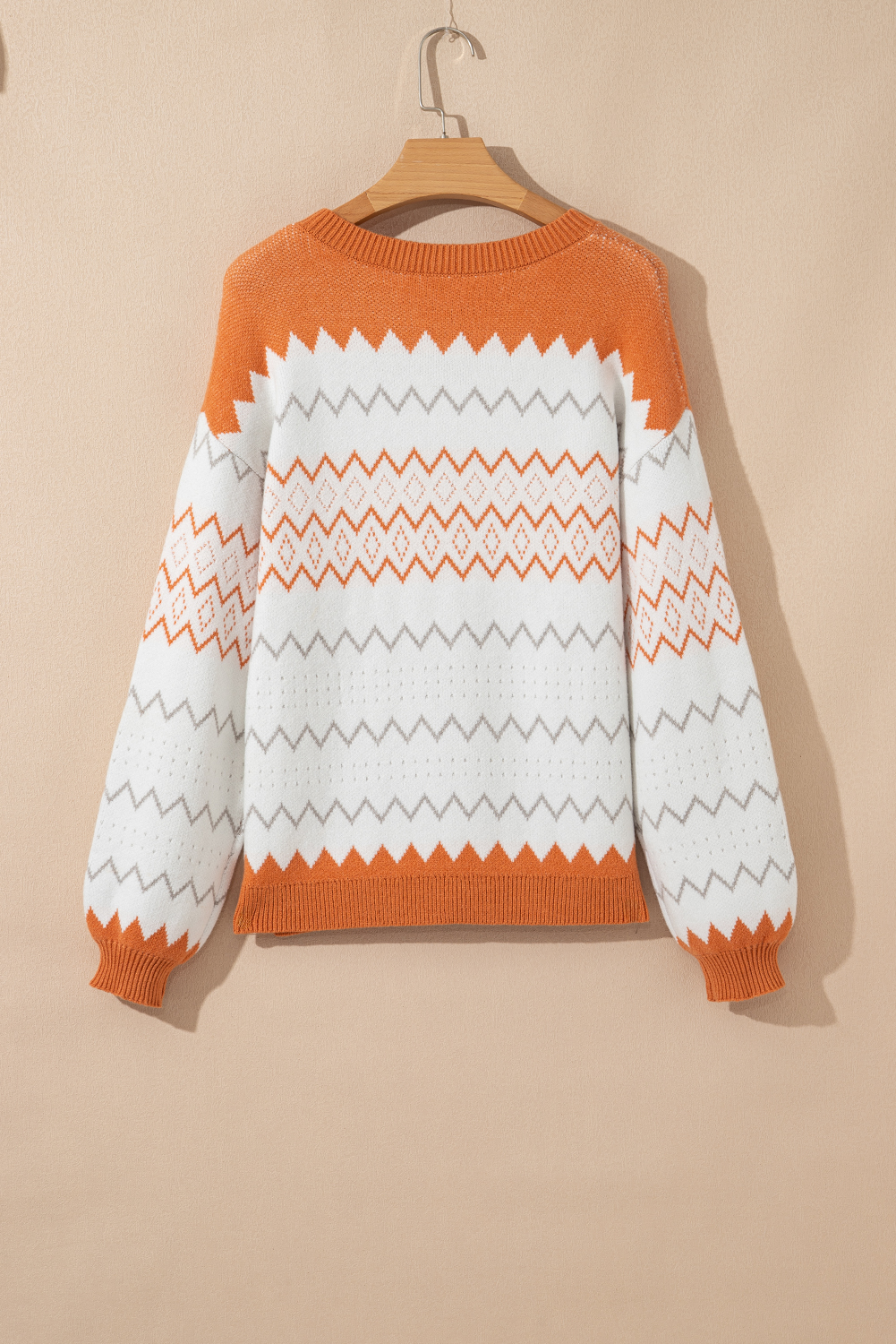Khaki Zigzag Geometric Pattern Knitted Pullover Sweater