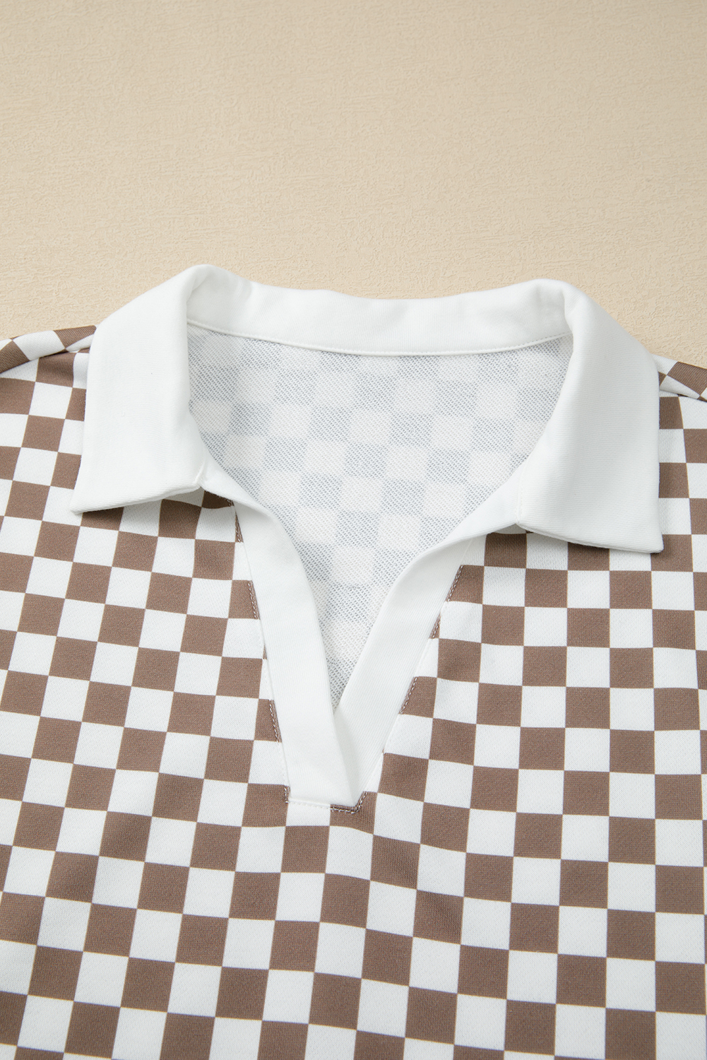Khaki Checkered Print Polo Collar Cropped Long Sleeve Top Drawstring Mini Skirt Set