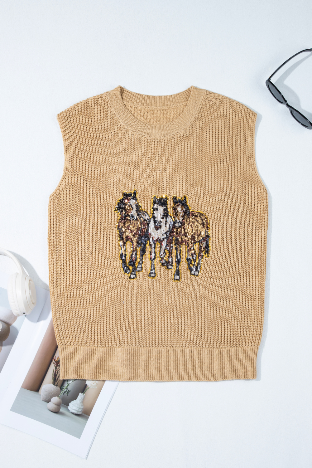 Black Western Cowboy Embroidery Round Neck Sleeveless Sweater