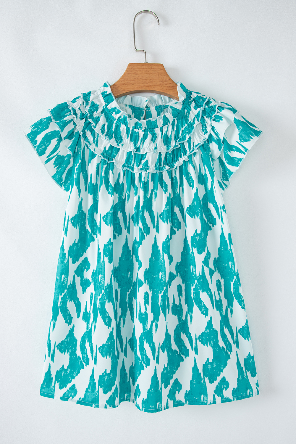 Sky Blue Abstract Print Frilled Crewneck Loose Fit Blouse