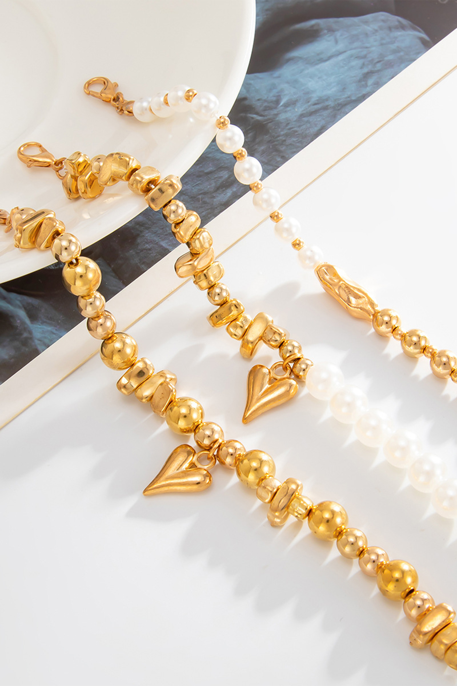 Gold 3pcs Irregular Beads Pearl Detail Bracelet Set