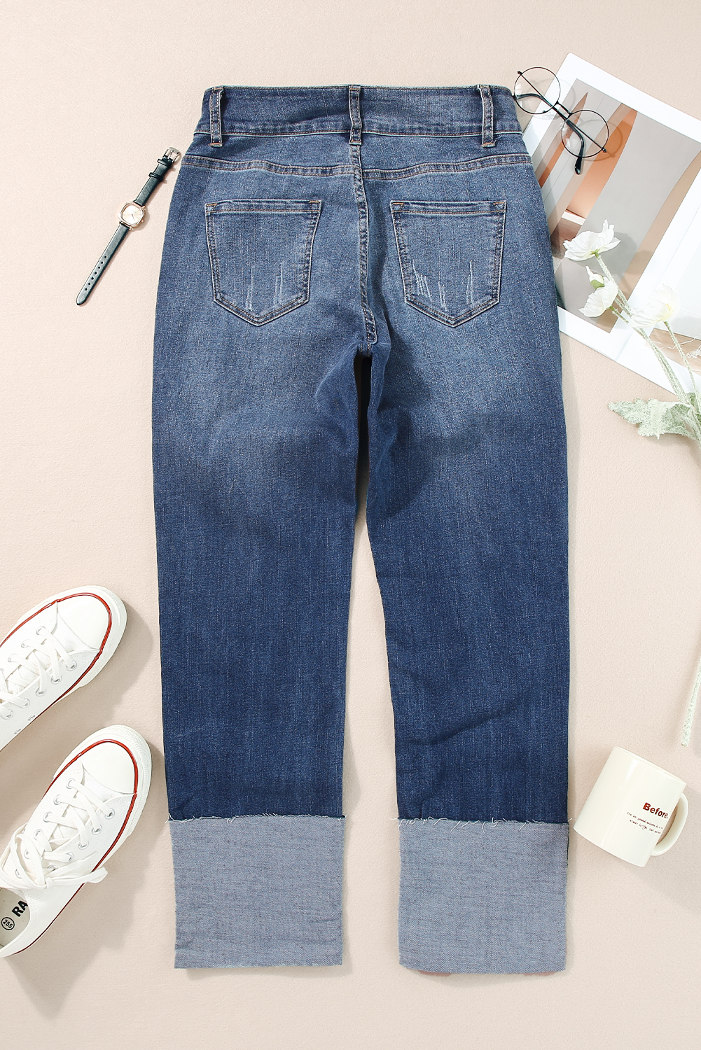 High Waist Distressed Straight Leg Jeans