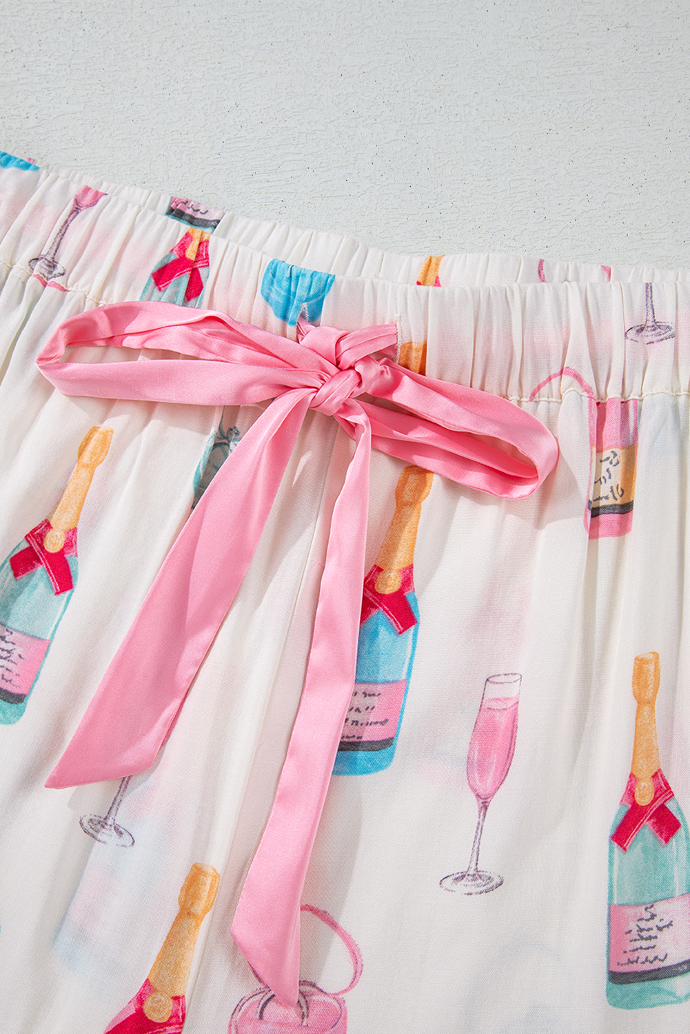 White Christmas Wine Glass Print Bow Knot Two Piece Pajama Set
