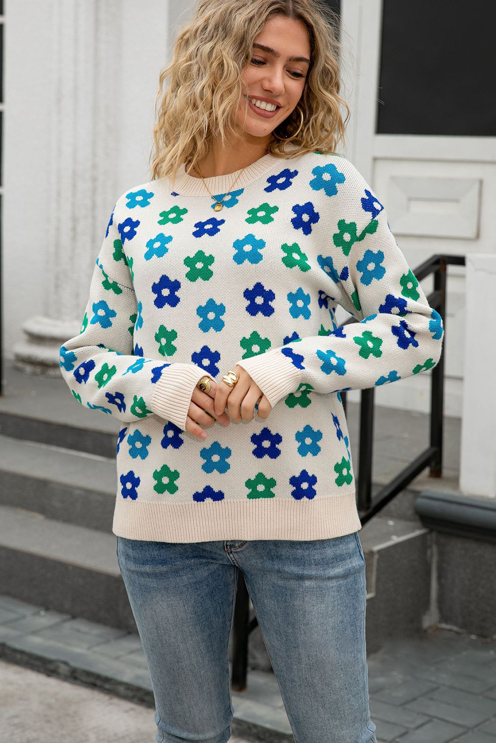 Apricot Cute Flower Allover Ribbed Trimmed Drop Shoulder Pullover Sweater