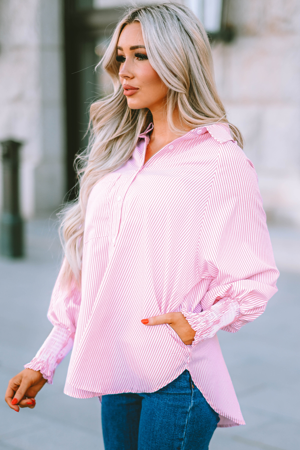 Red Stripe Smocked Cuffed Striped Boyfriend Shirt with Pocket