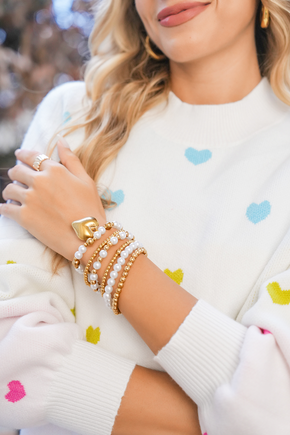 Gold Plated Heart Charm Pearl Beading Multilayer Bracelet