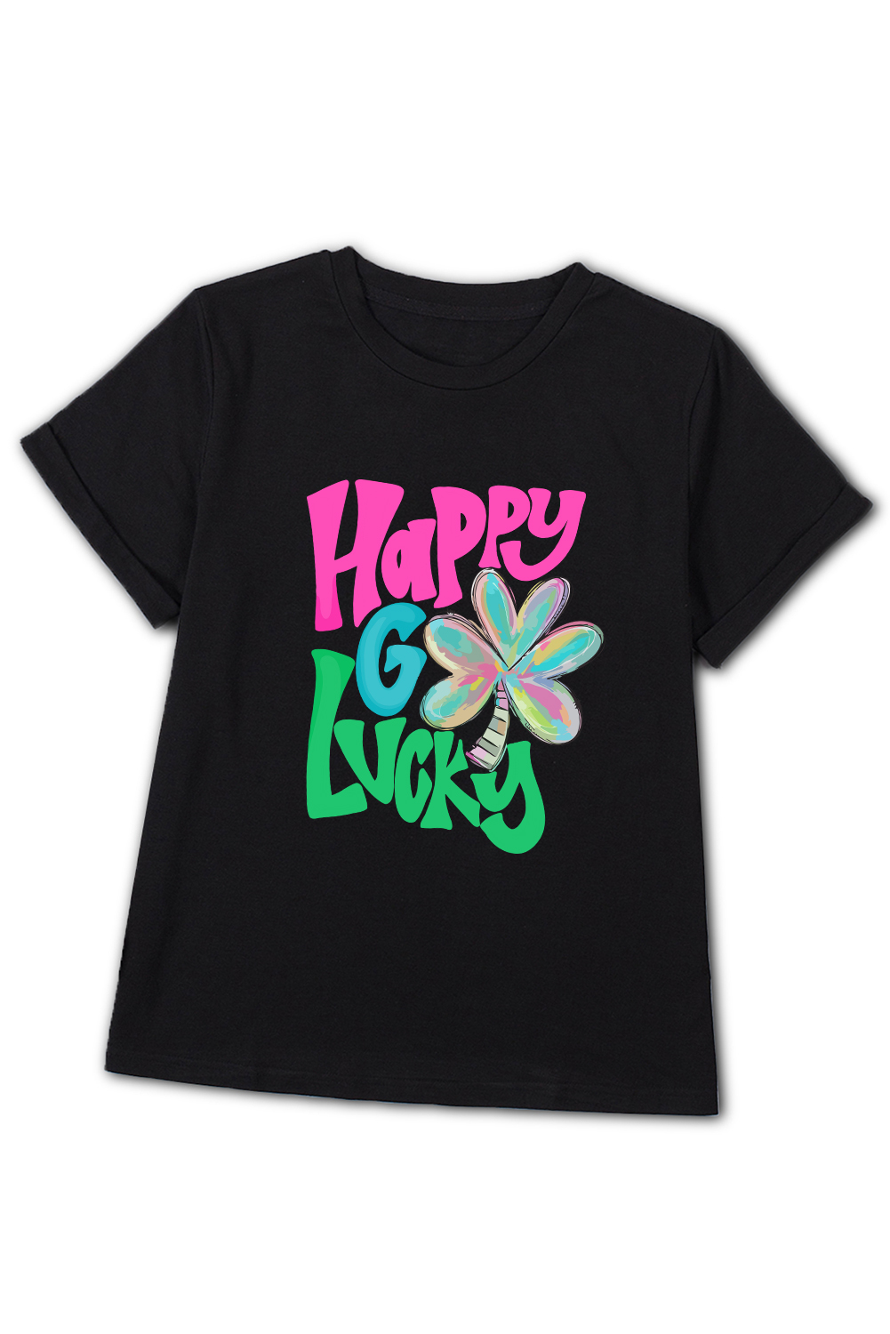 Black St. Patricks Lucky Clover Print O Neck T Shirt