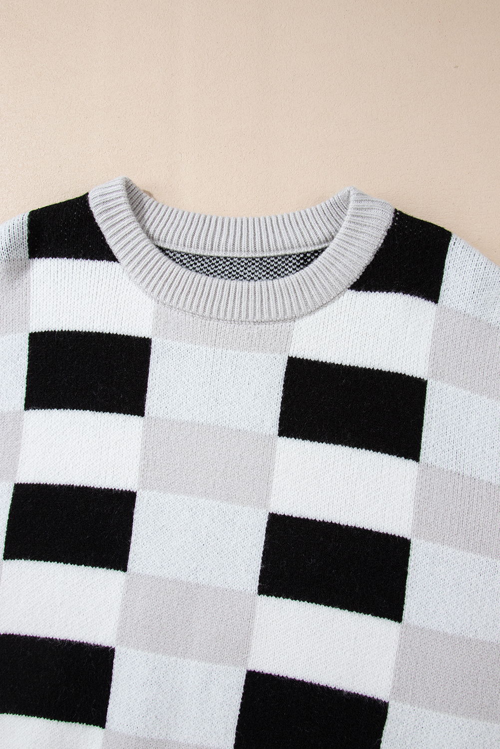 Khaki Checkered Ribbed Edge O Neck Drop Shoulder Sweater