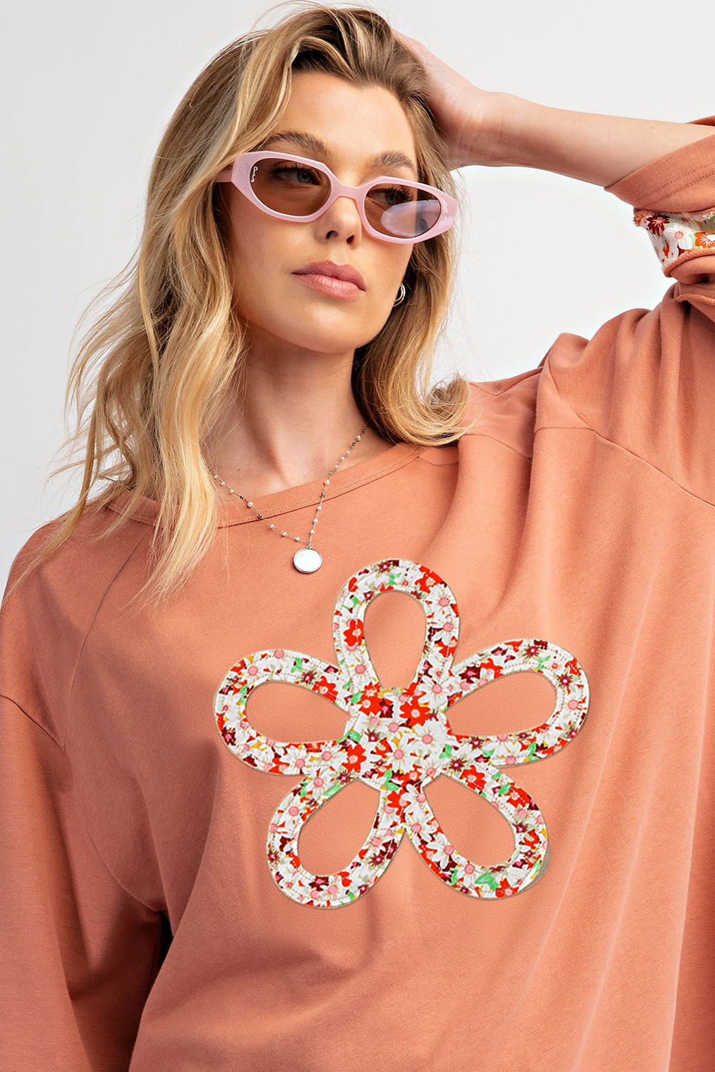 Beige Flower Patch Graphic Exposed Seam Wide Sleeve Top