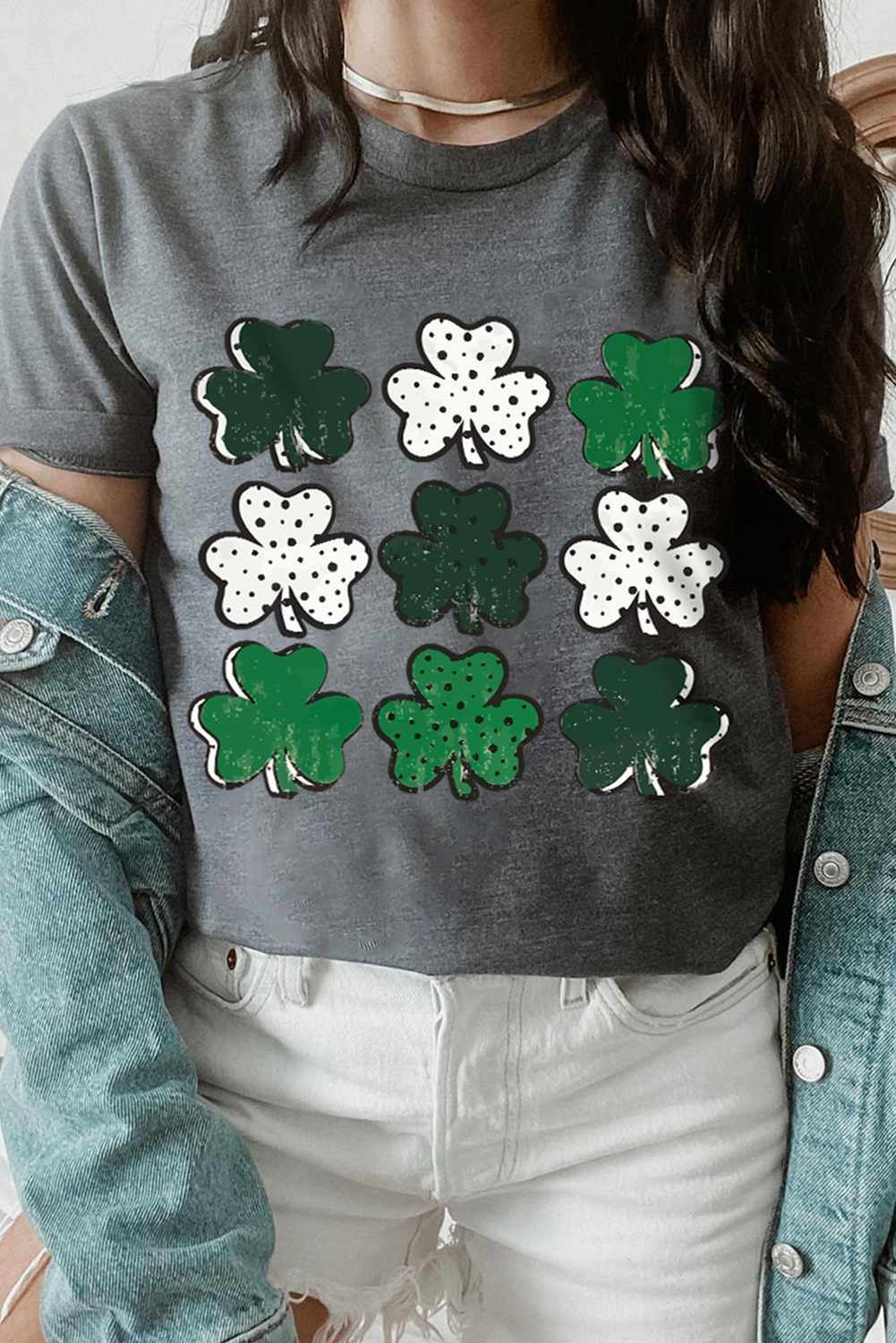Black St. Patricks Lucky Clover Print O Neck T Shirt
