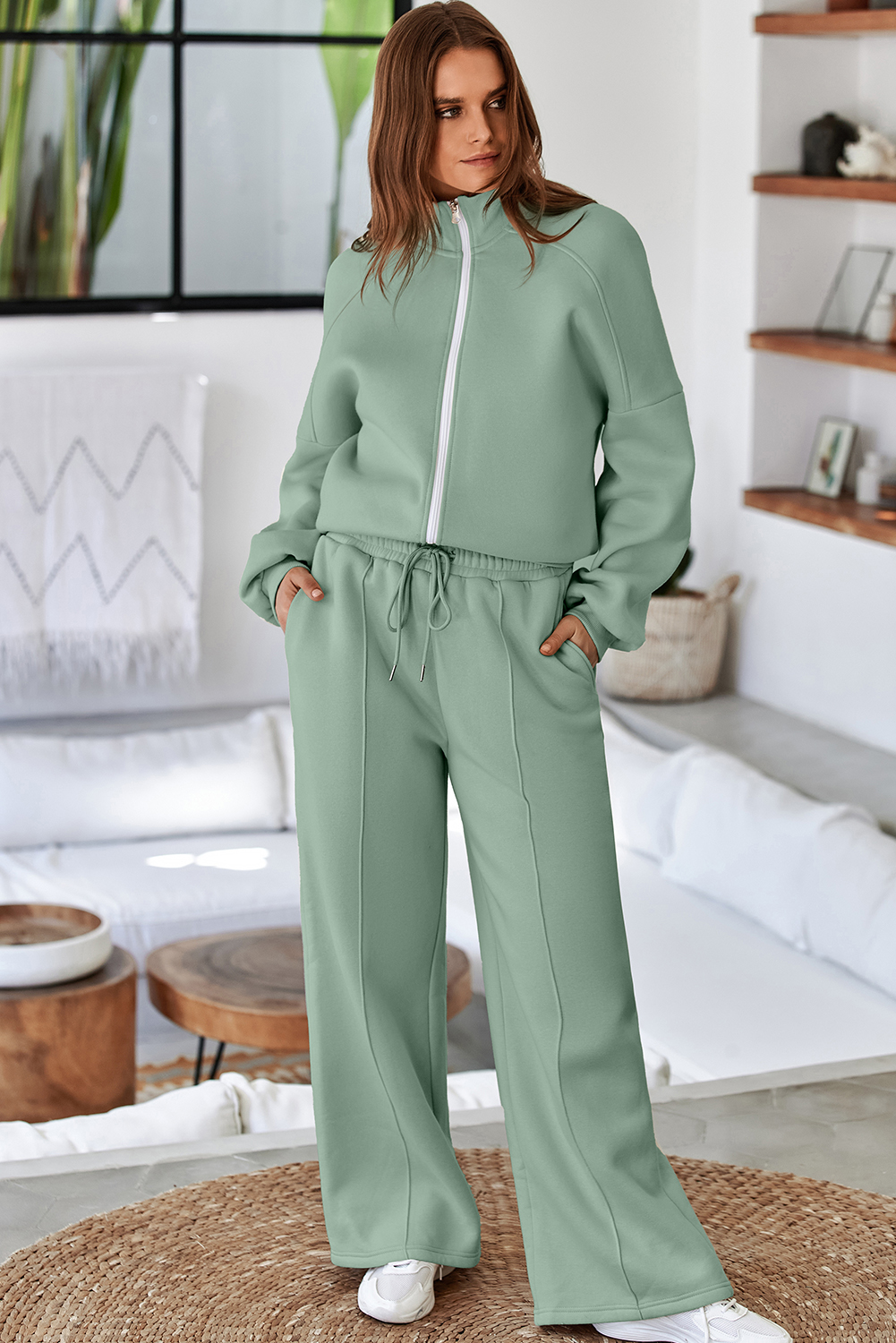 Navy Blue Drop Shoulder Zip Up Jacket Drawstring Pants Active 2pcs Set