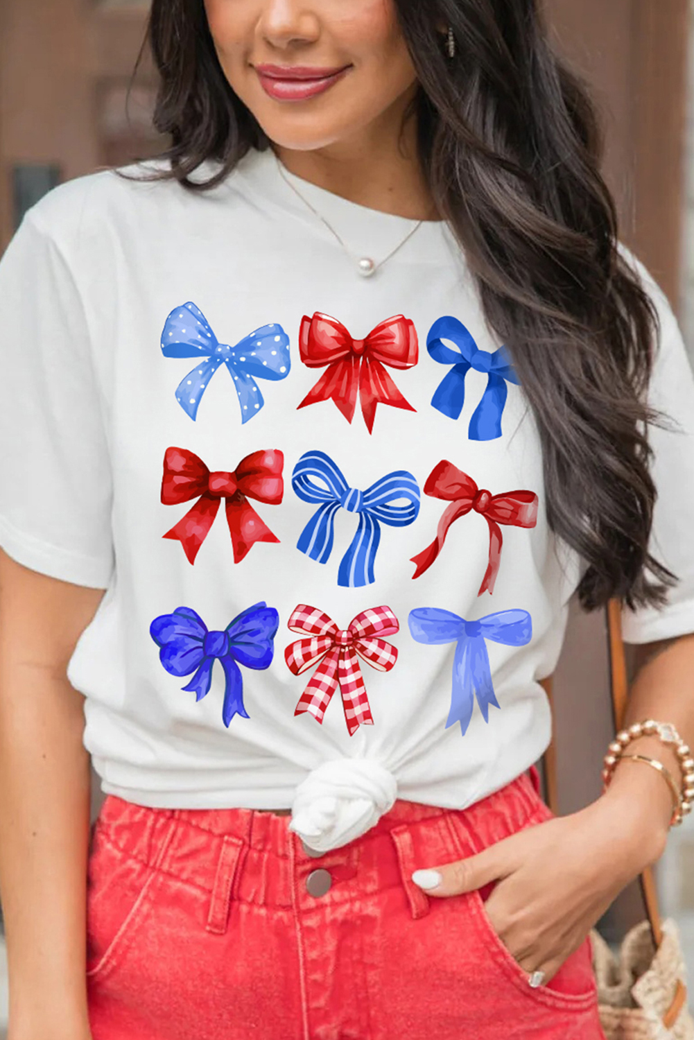 White USA Inspire Bow Print Crewneck Independence Day Tee