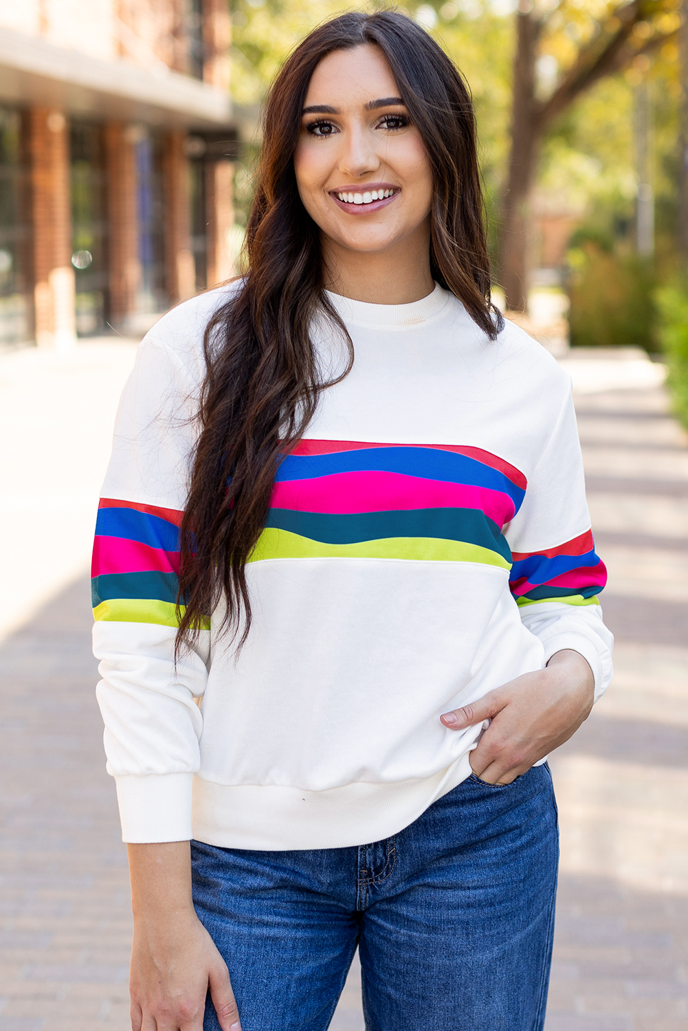 White Plus Size Colorful Striped Drop Shoulder Loose Sweatshirt