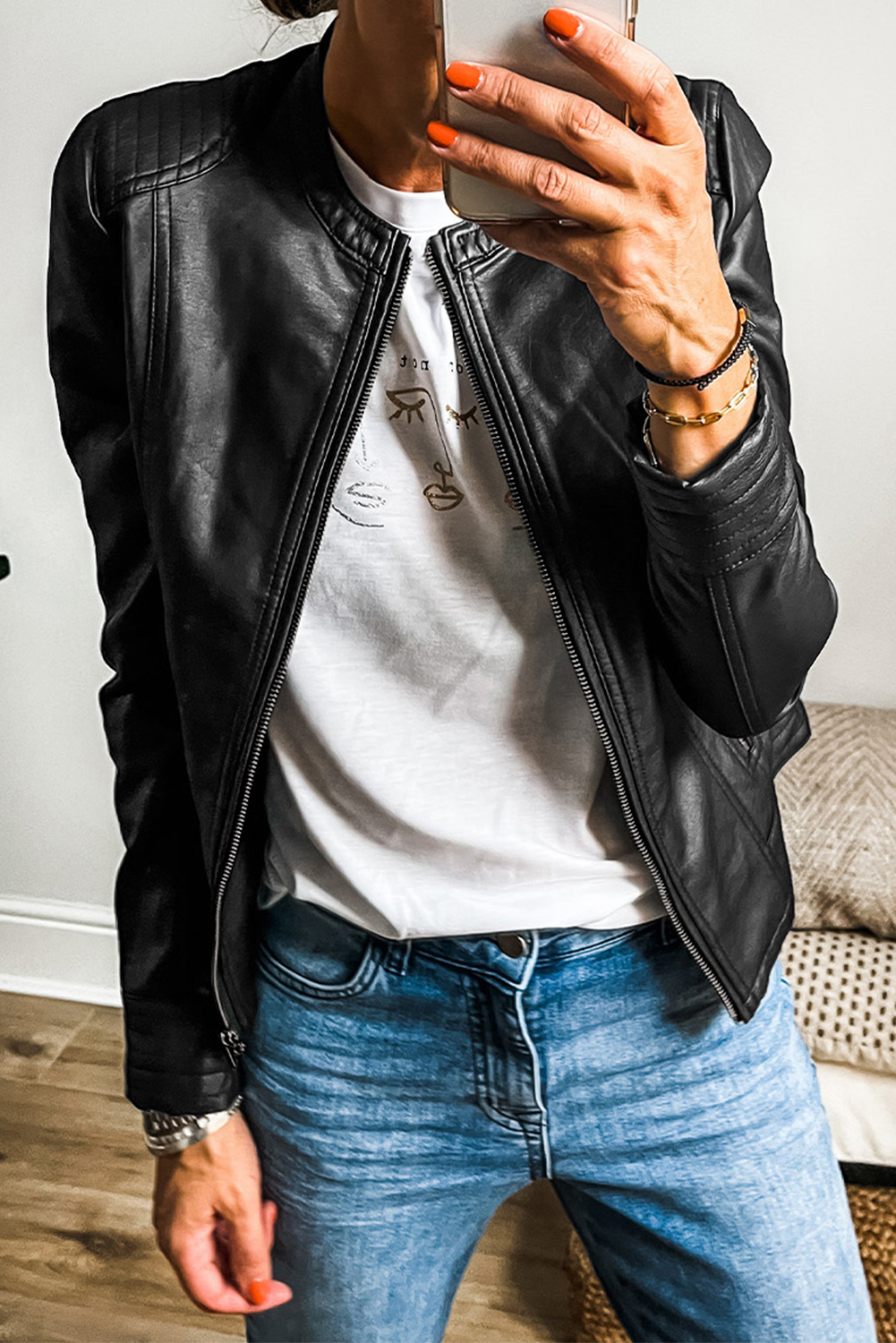 Chestnut Solid Faux Leather Zipper Slim Fit Bomber Jacket