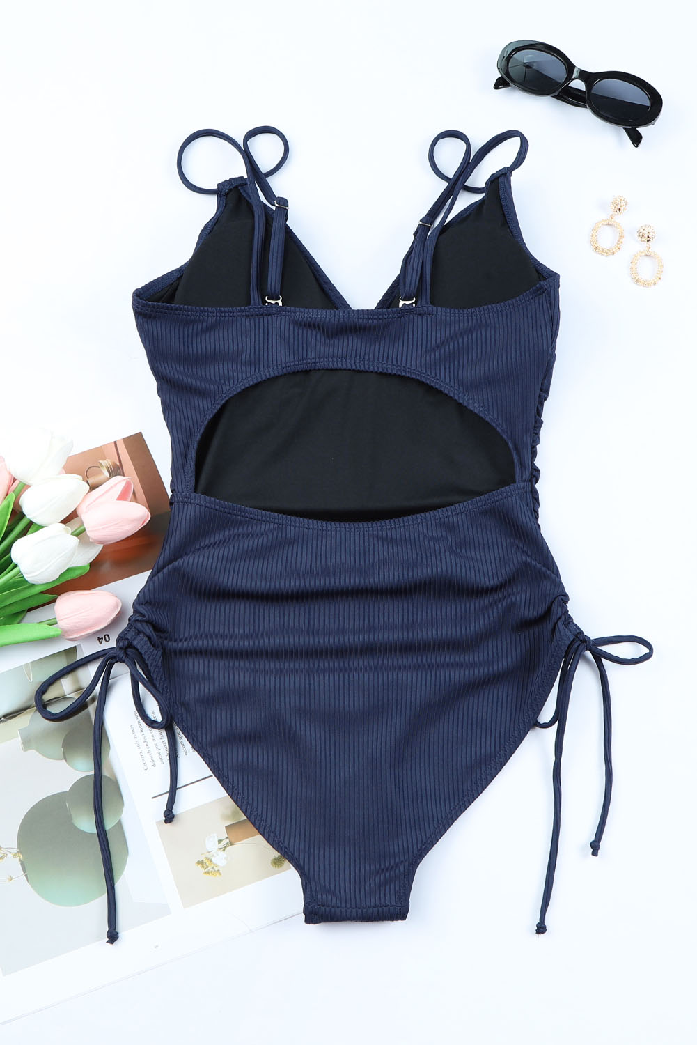Blue Adjustable Straps Ribbed Knit One Piece Swimsuit