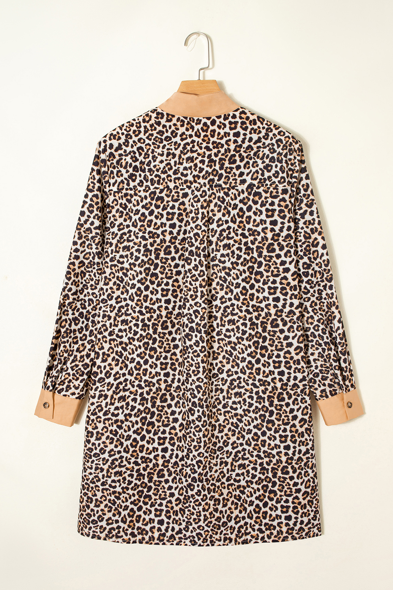 Multicolour Button Striped Collar Leopard Print Long Sleeve Flared Dress