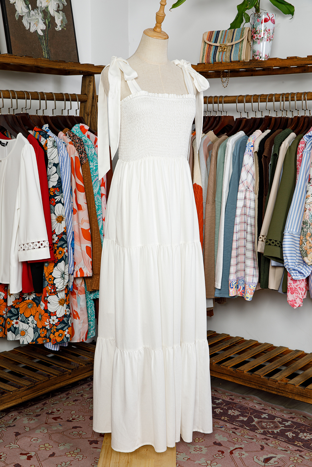 White Customizable Knot Straps Smocked Bodice Tiered Blank Maxi Dress