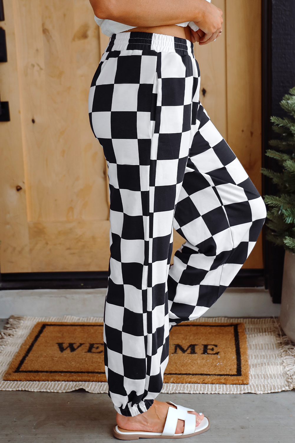 Black 2-Tone Checked Print High Waist Wide Leg Pants