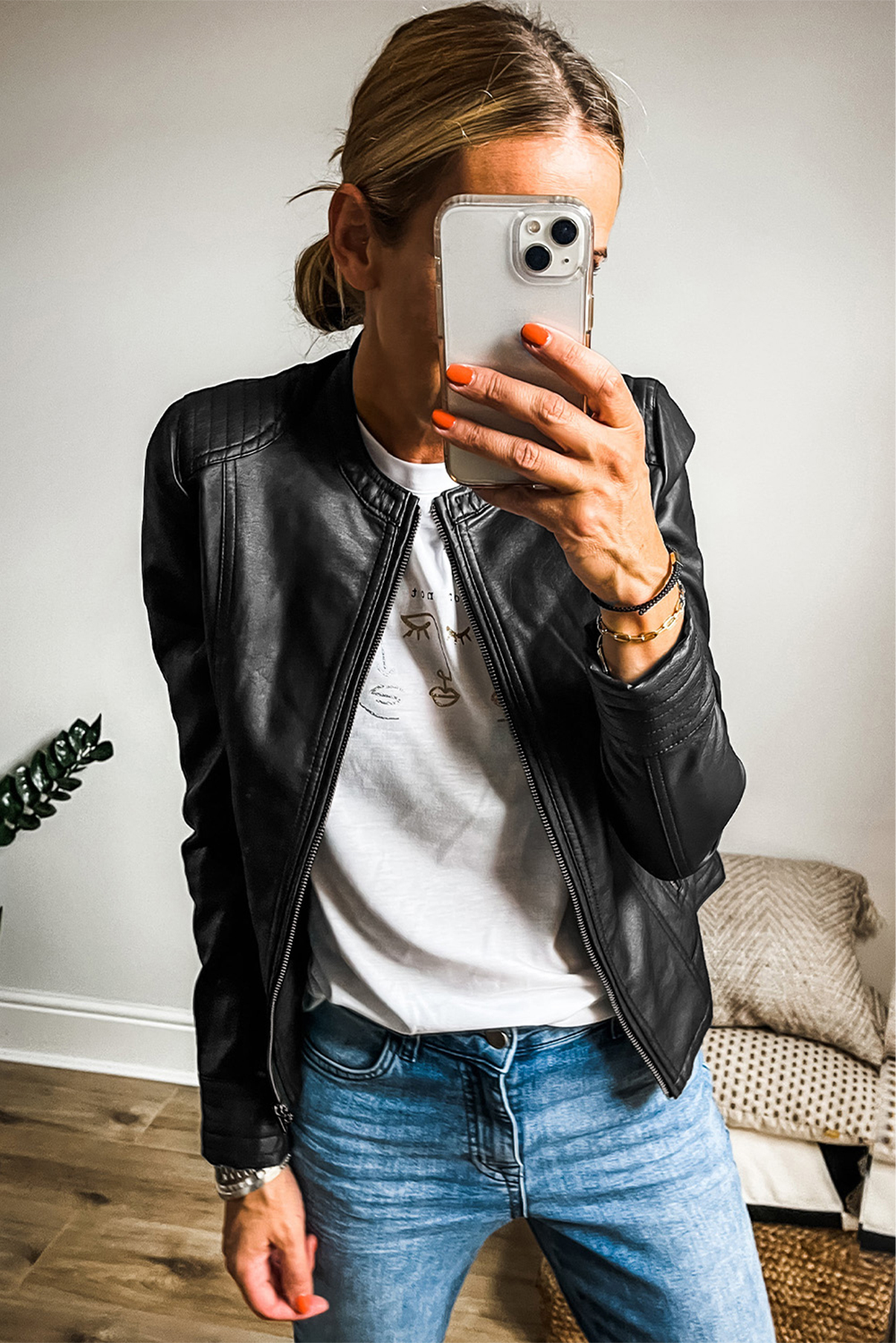 Chestnut Solid Faux Leather Zipper Slim Fit Bomber Jacket