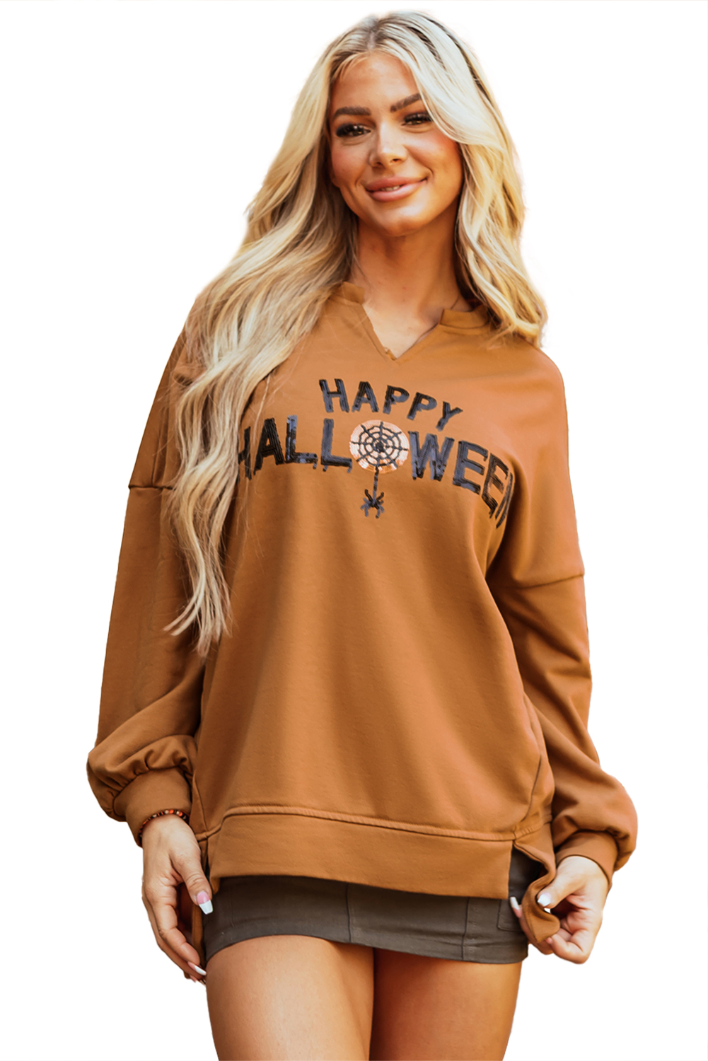 Medium Grey Sequin Happy Halloween Graphic Notched Neck Long Sleeve Loose Top