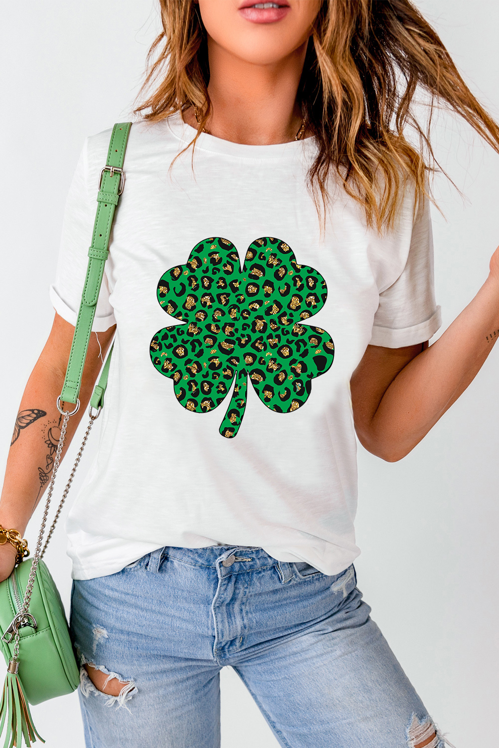 Black St. Patricks Lucky Clover Print O Neck T Shirt