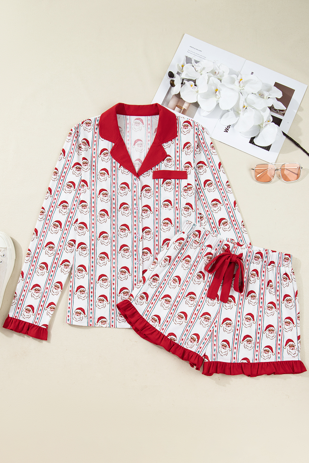 White Santa & Stripes Ruffle PJ Set