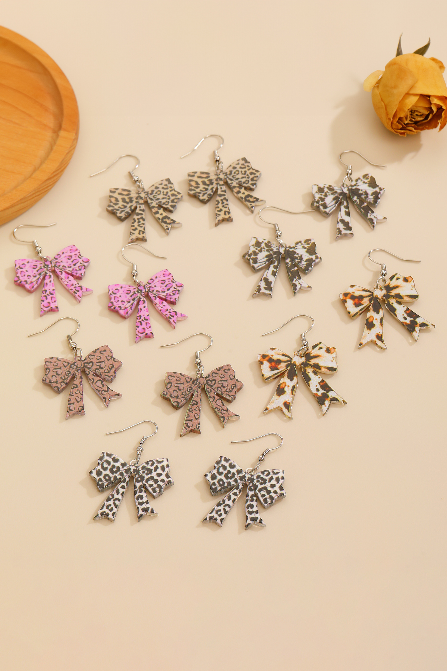 Cinnamon Stylish Leopard Printed Bow Stainless Hook Earrings