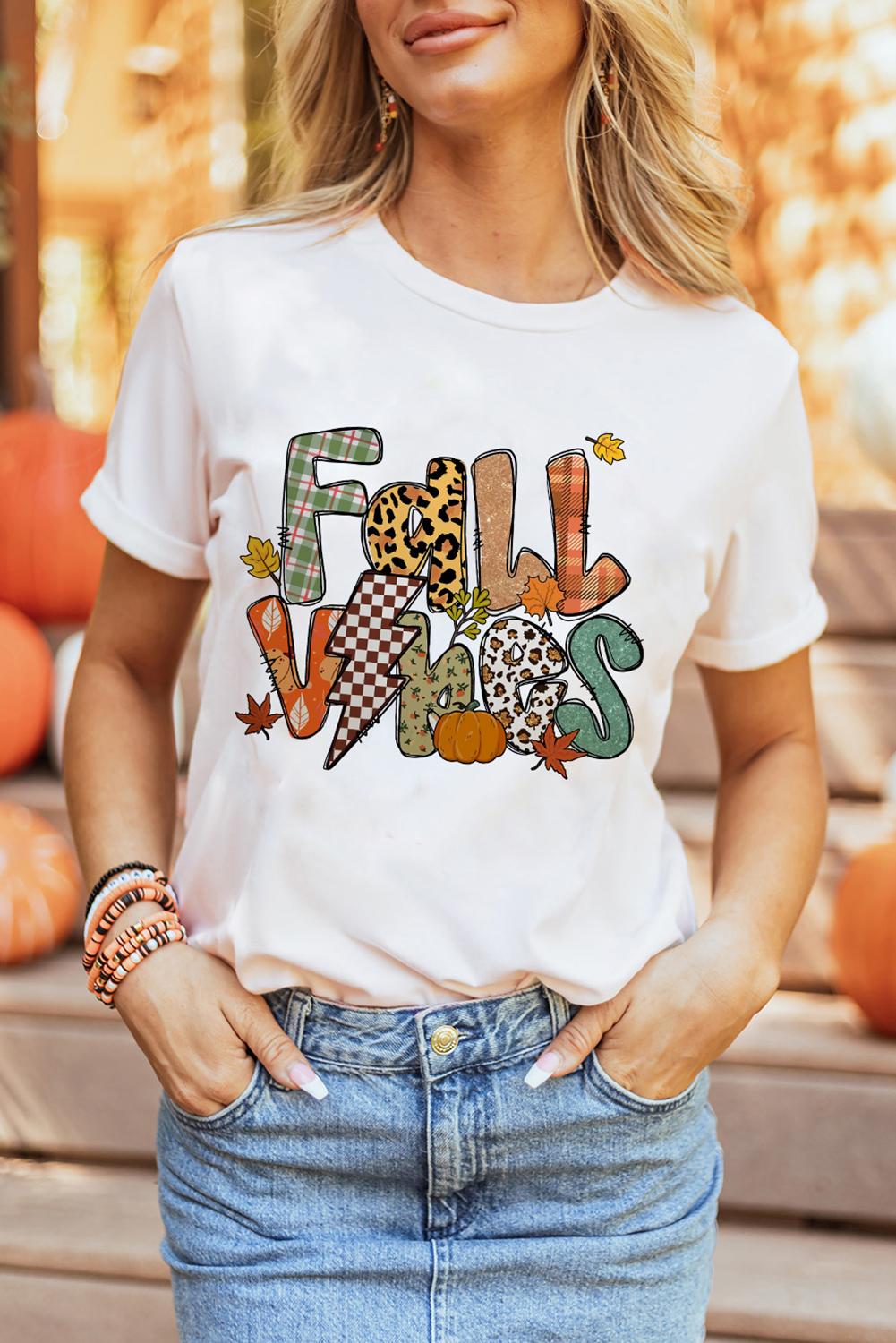 White FALL VIBES Cotton Blend Casual T Shirt