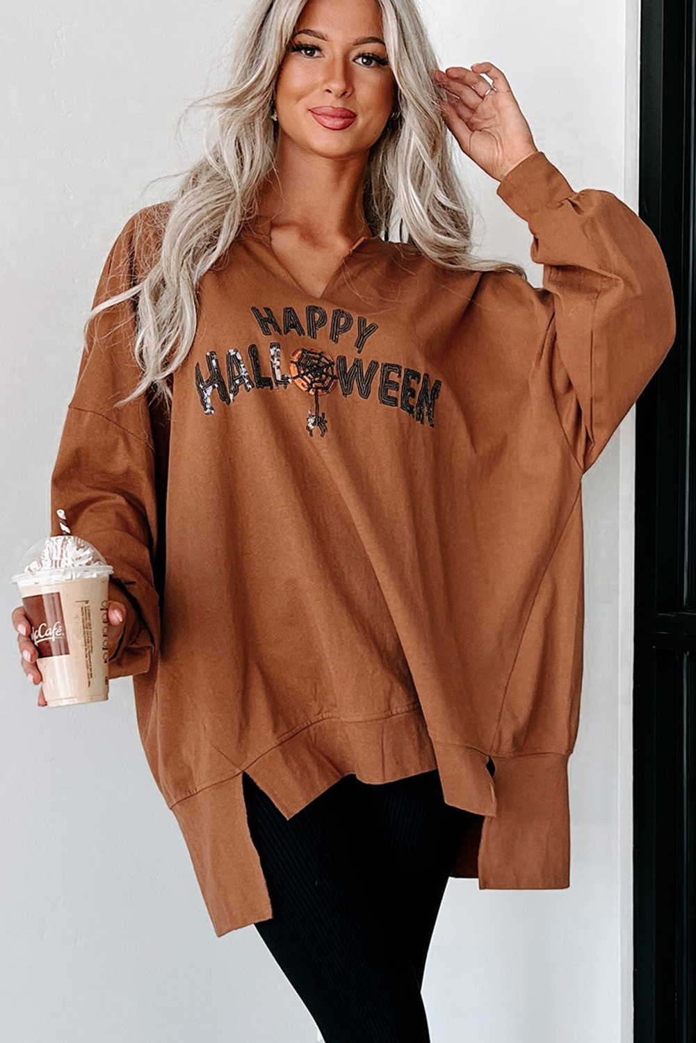 Medium Grey Sequin Happy Halloween Graphic Notched Neck Long Sleeve Loose Top