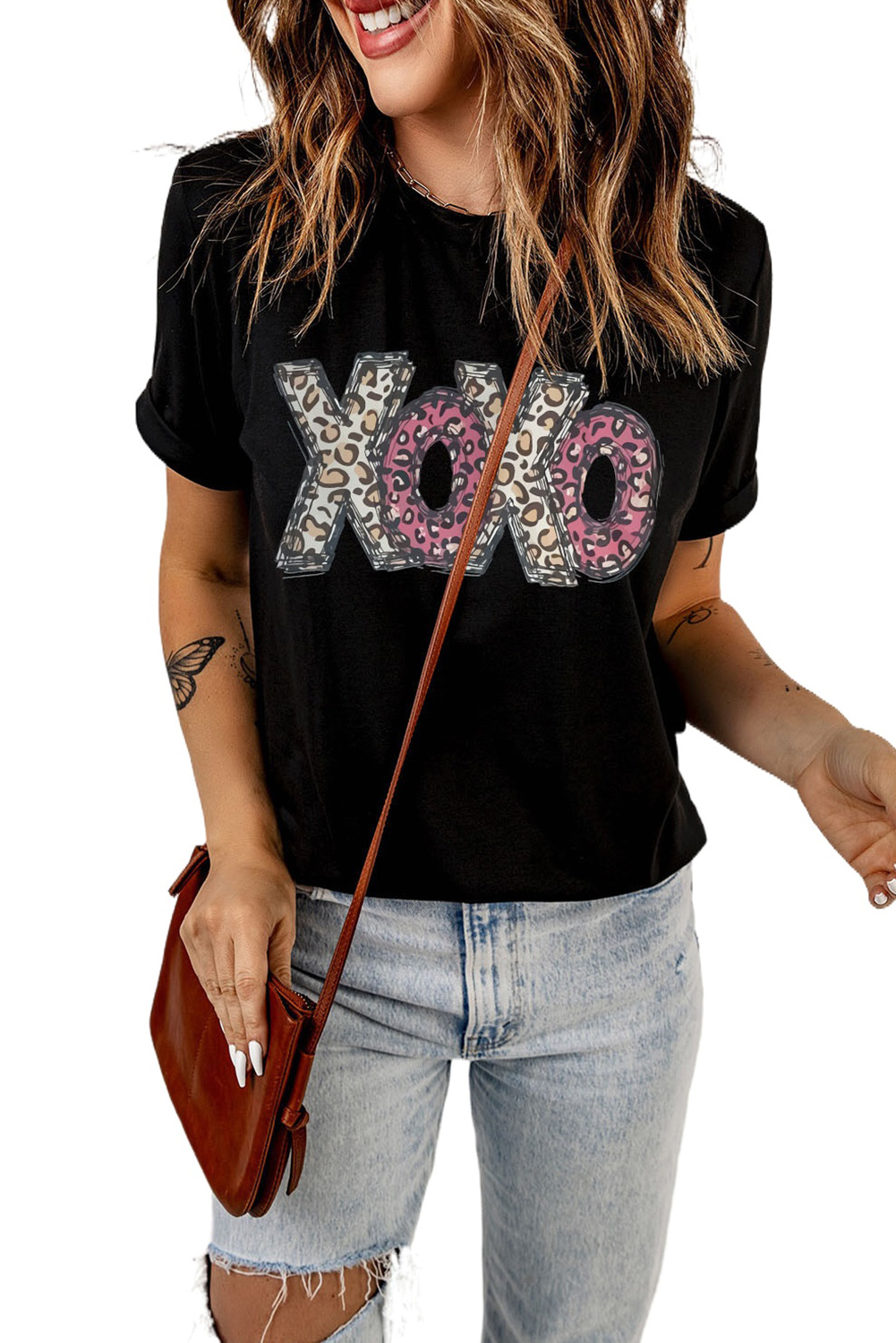 Black Leopard XOXO Print T Shirt