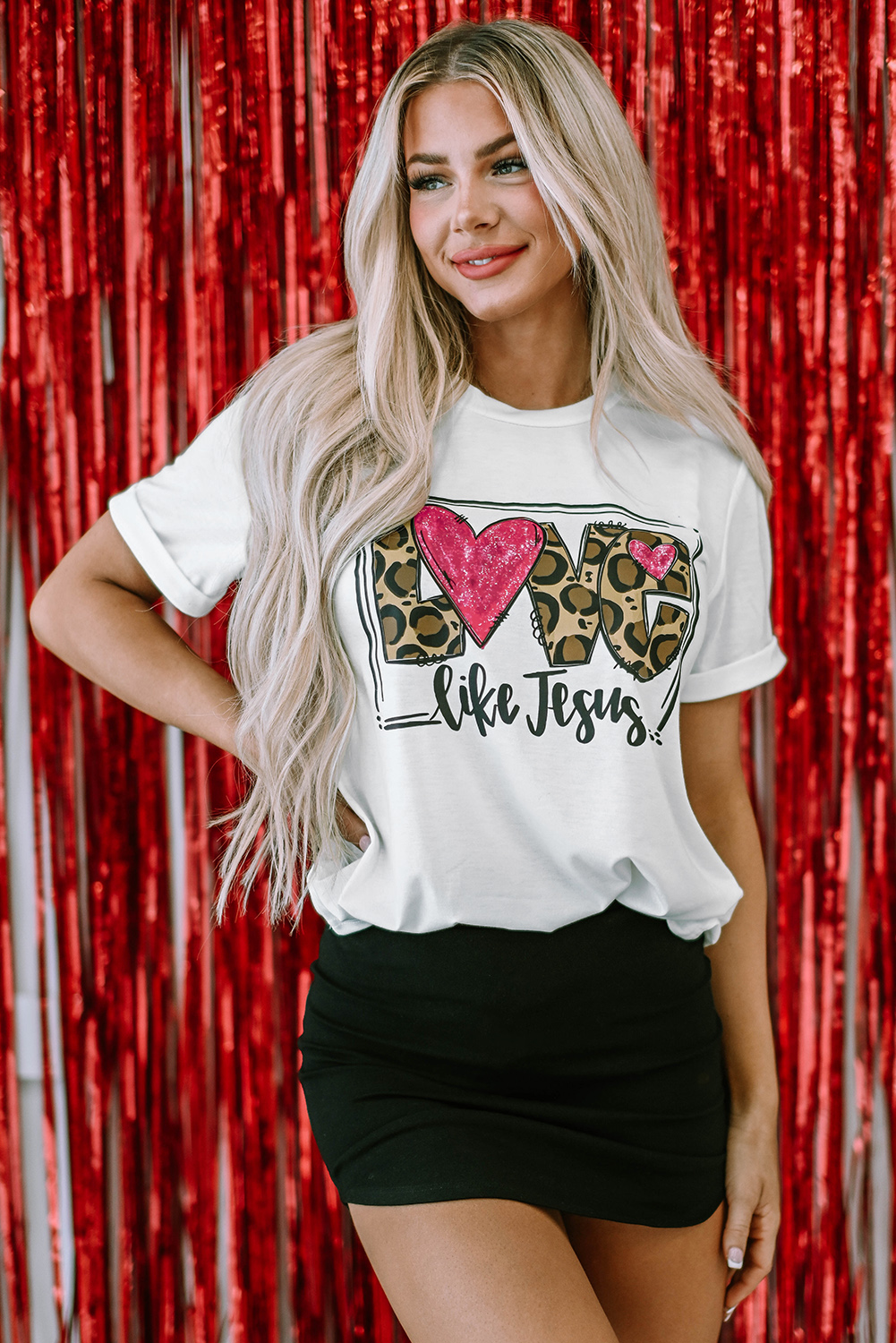 Red Leopard Striped Heart Shaped Print Crew Neck T Shirt