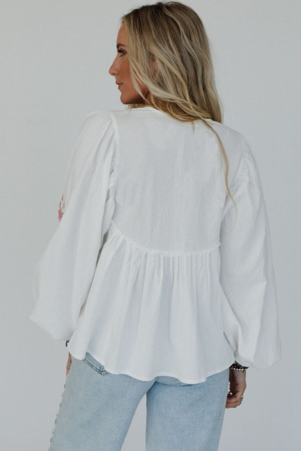 White Flower Print Lace-up V Neck Babydoll Blouse