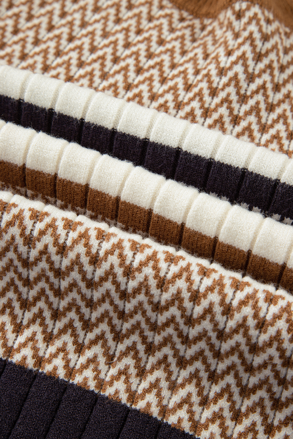 Brown Stripe Stylish Pattern Knitted Ribbed Trim Slim Sweater