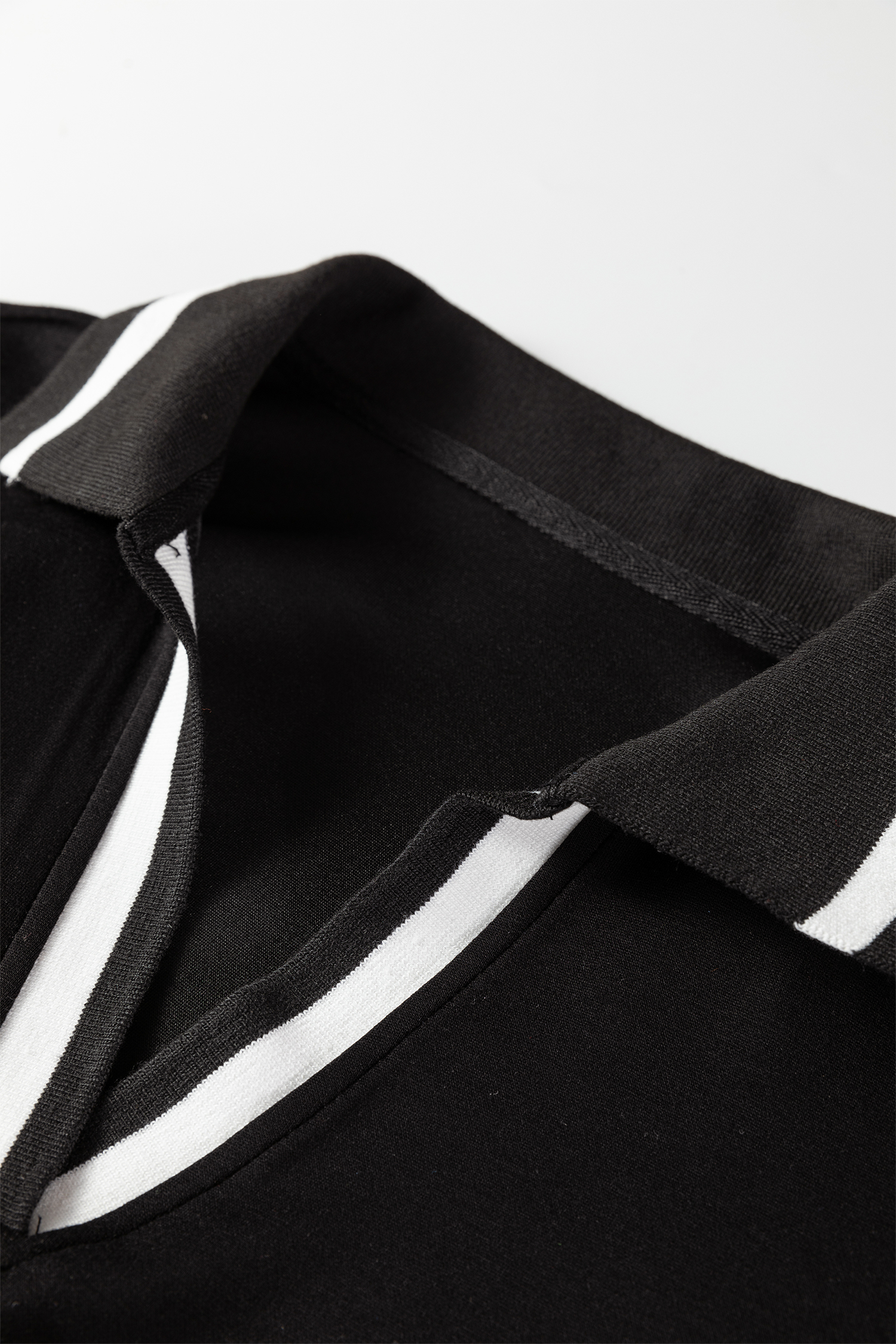 Black Striped Trim V Neck Collared Long Sleeve Shift Mini Dress