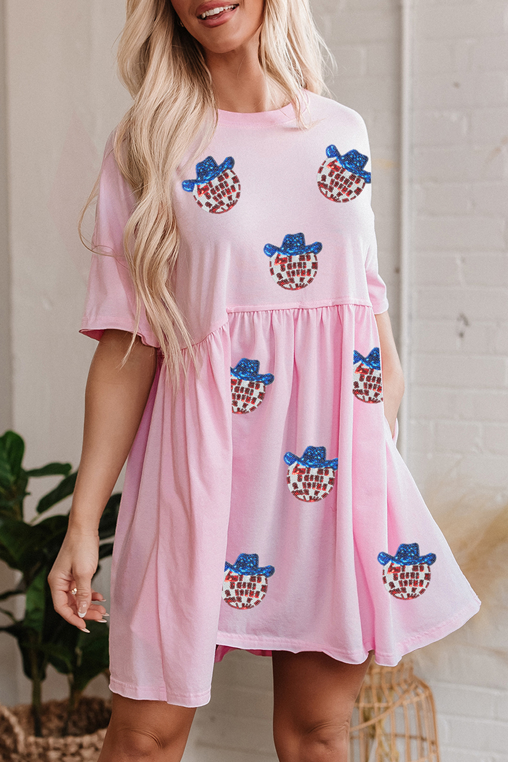 Light Pink American Flag Inspired Sequin Disco Ball Patched Shift Mini Dress