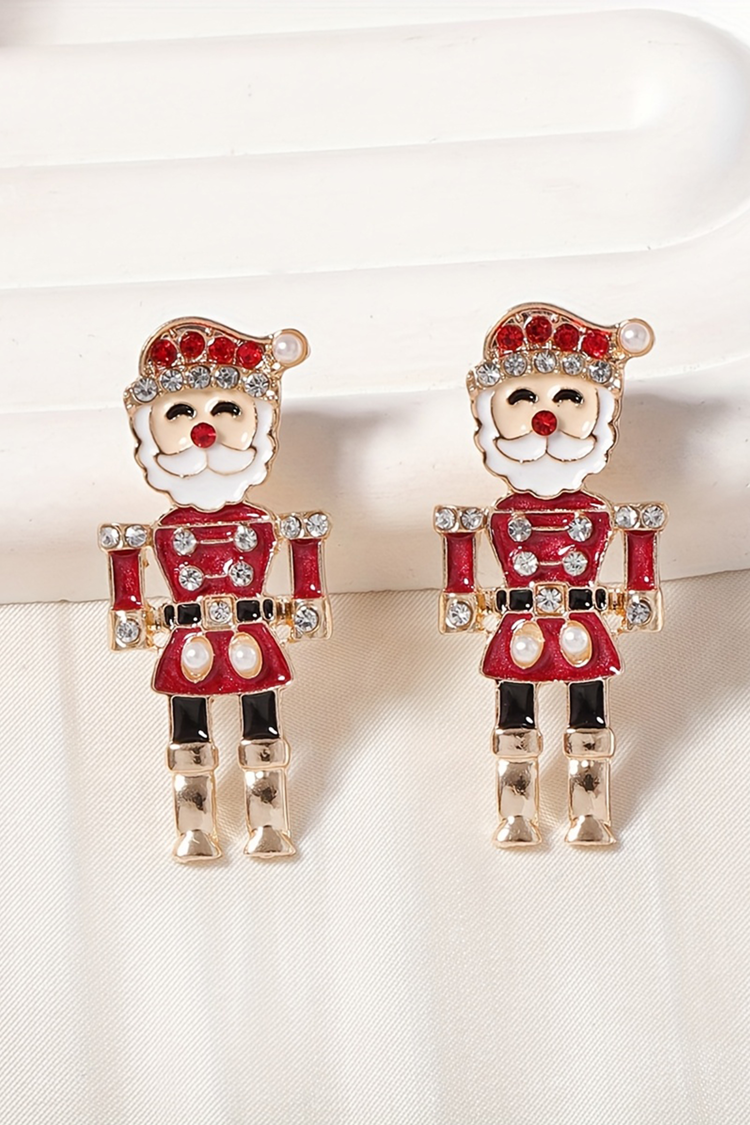 Fiery Red Pearl Rhinestone Embellished Christmas Enamel Nutcracker Earrings