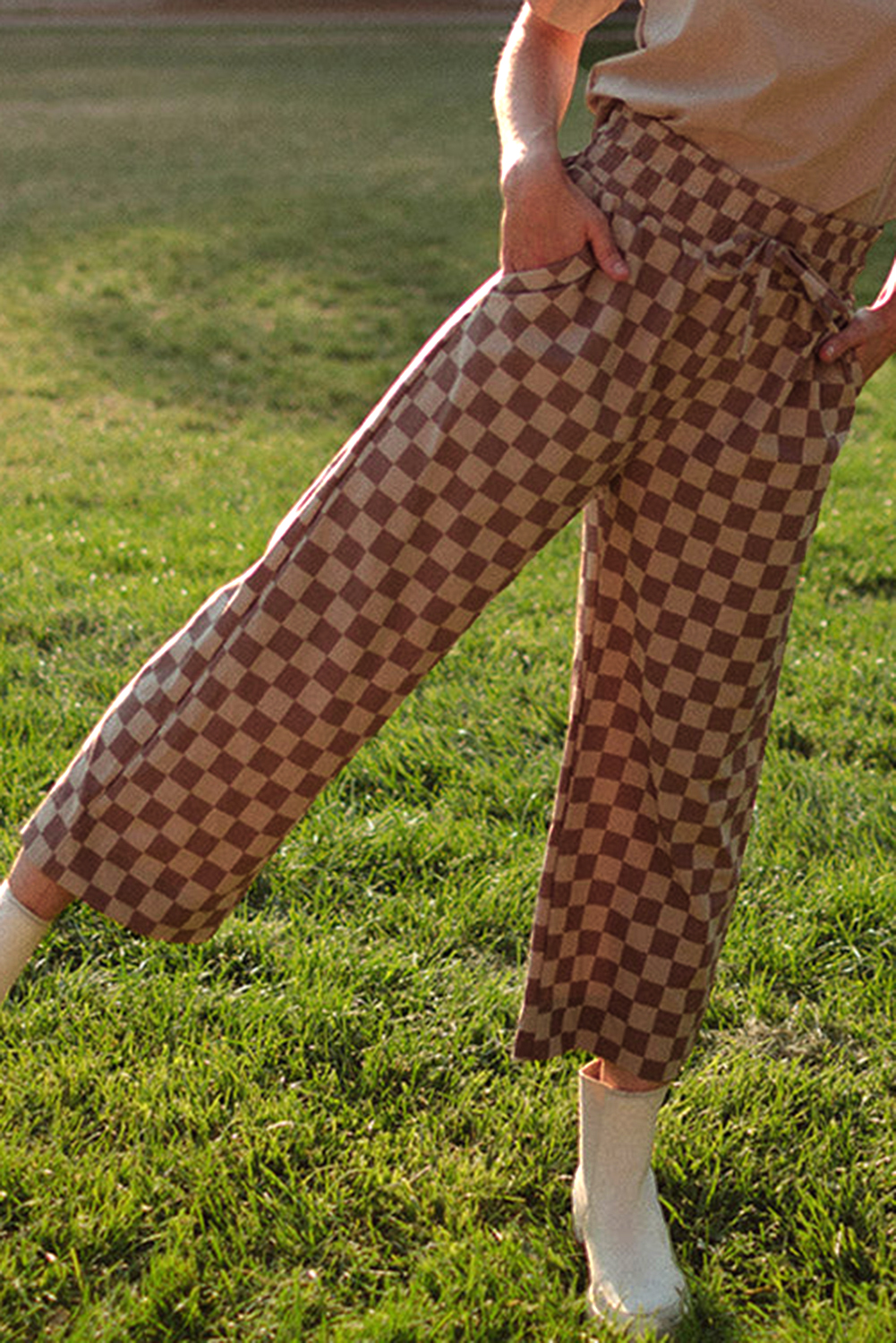 Khaki Checkered Elastic High Waist Loose Casual Pants