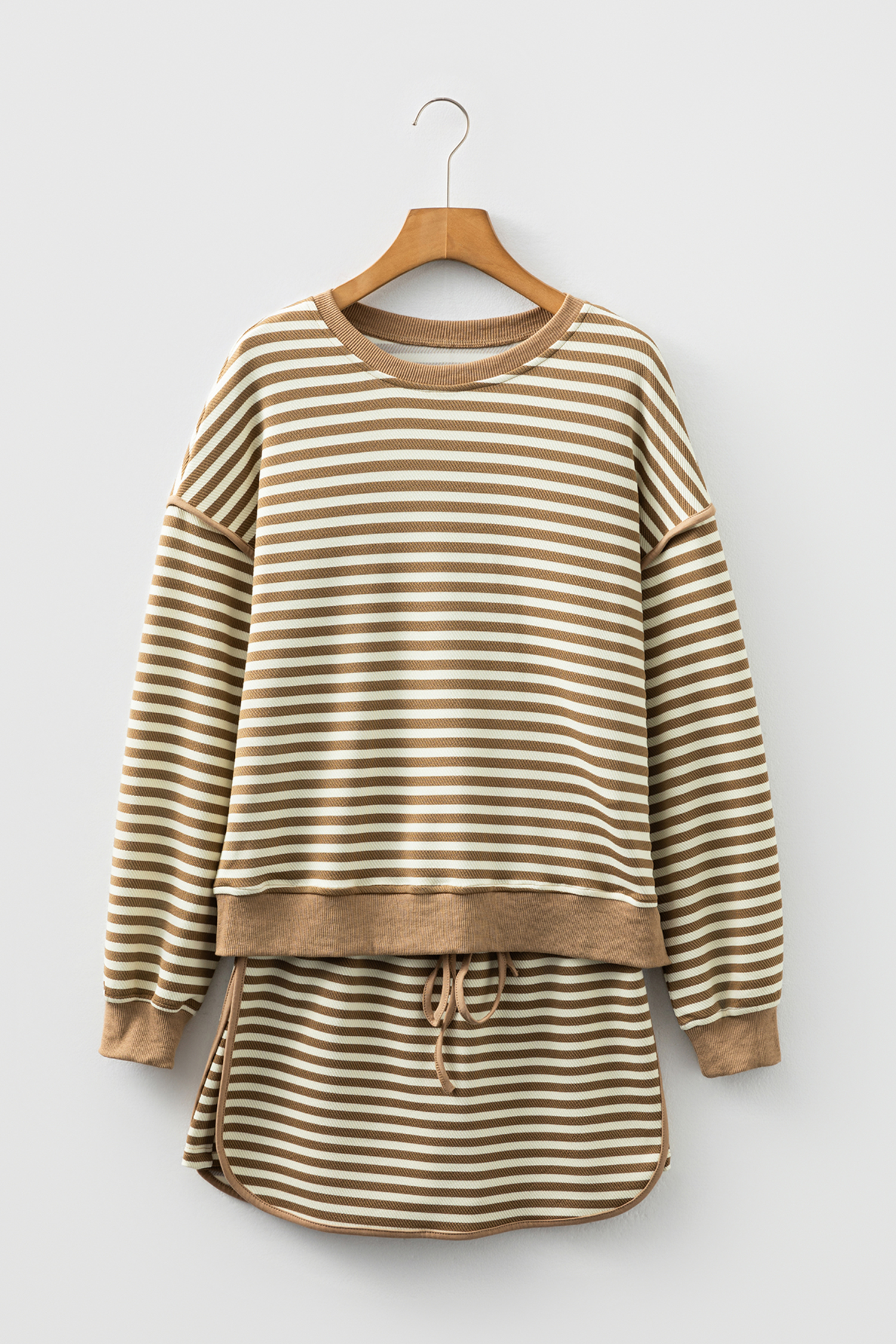 Black Stripe Textured Drop Shoulder Pullover Top Drawstring Mini Skort Two Piece Dress Set