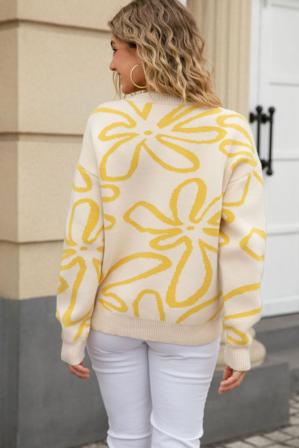Apricot Flower Pattern Ribbed Crew Neck Drop Shoulder Knit Sweater