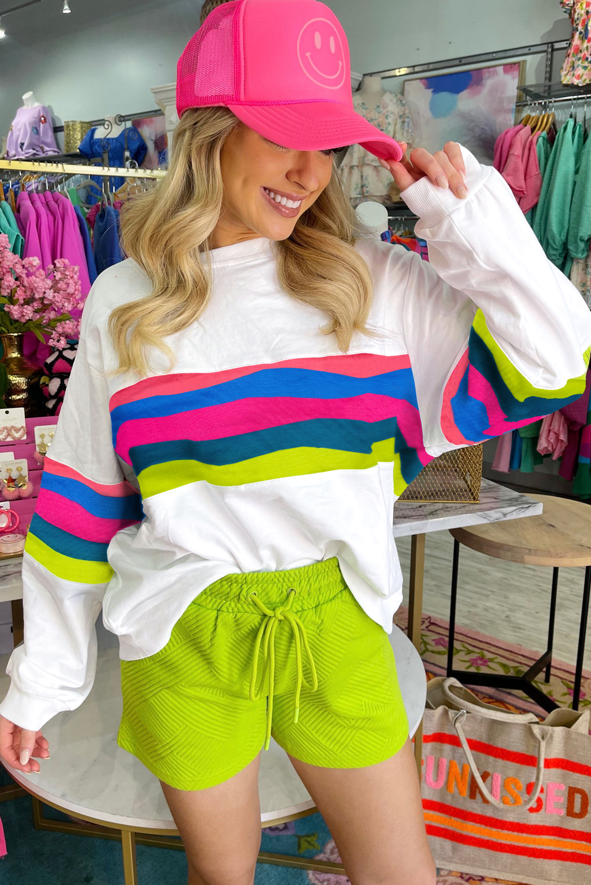 White Plus Size Colorful Striped Drop Shoulder Loose Sweatshirt