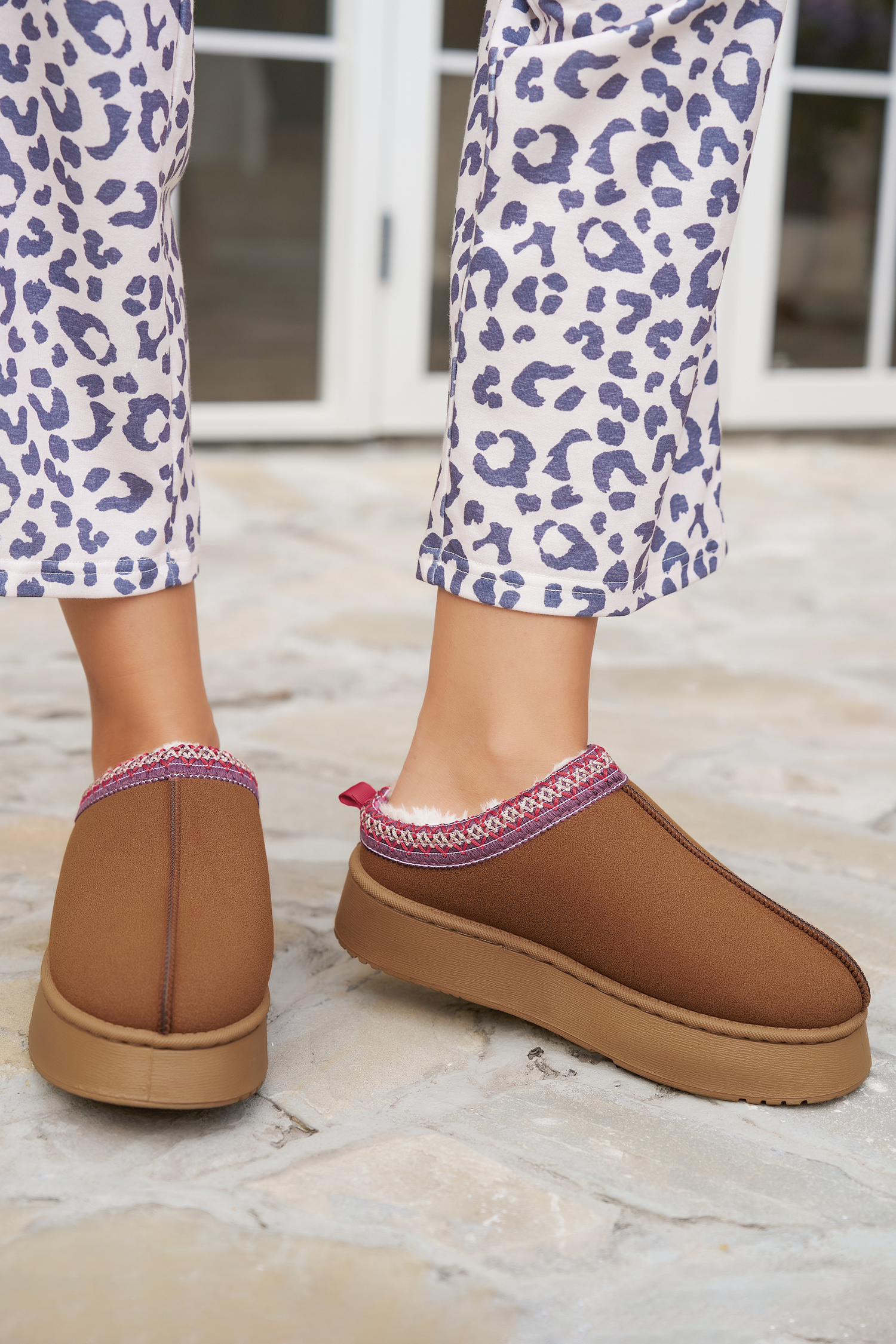 Chestnut Contrast Print Suede Plush Lined Snow Boots