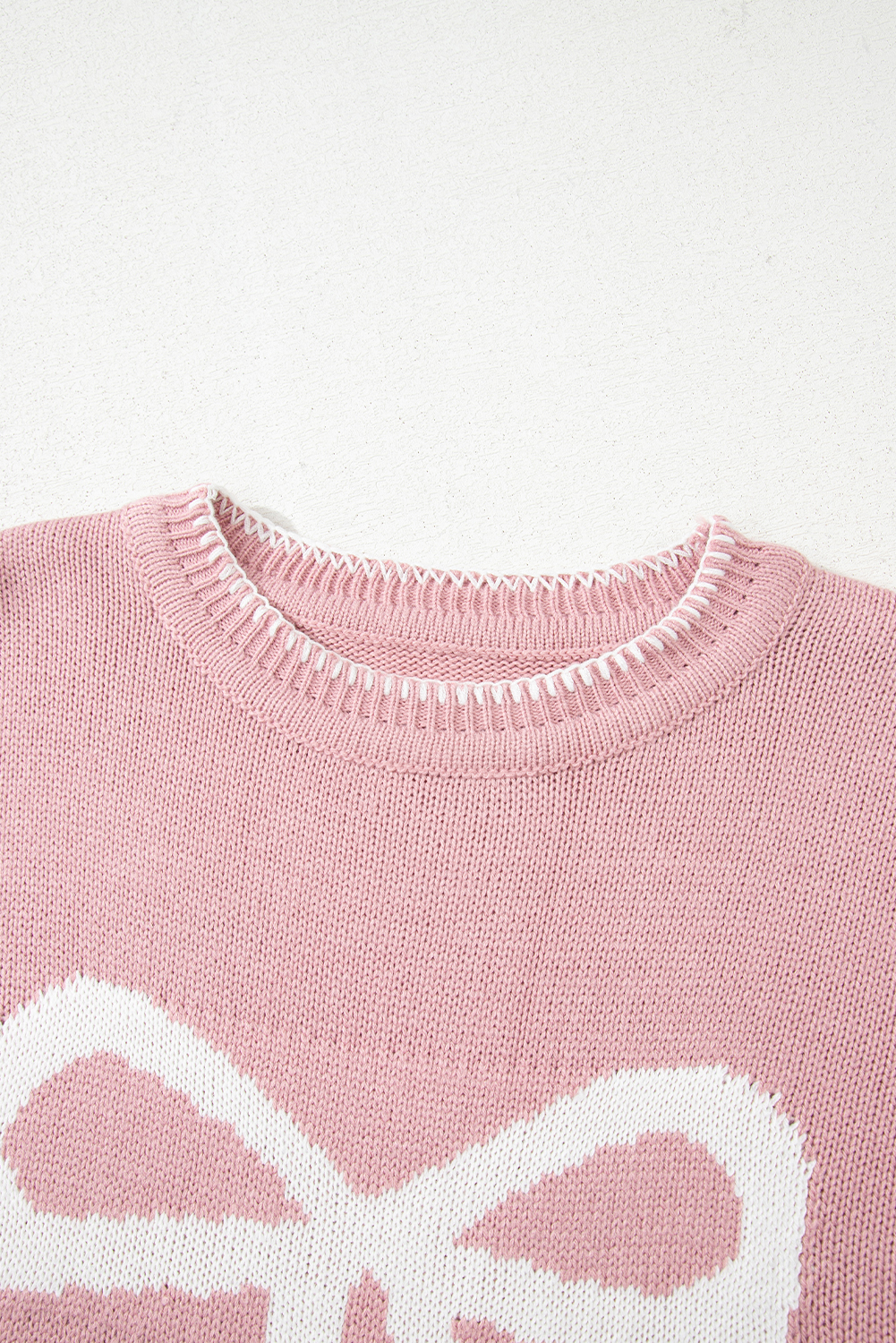 White Bow Pattern Contrast Trim Christmas Loose Graphic Sweater
