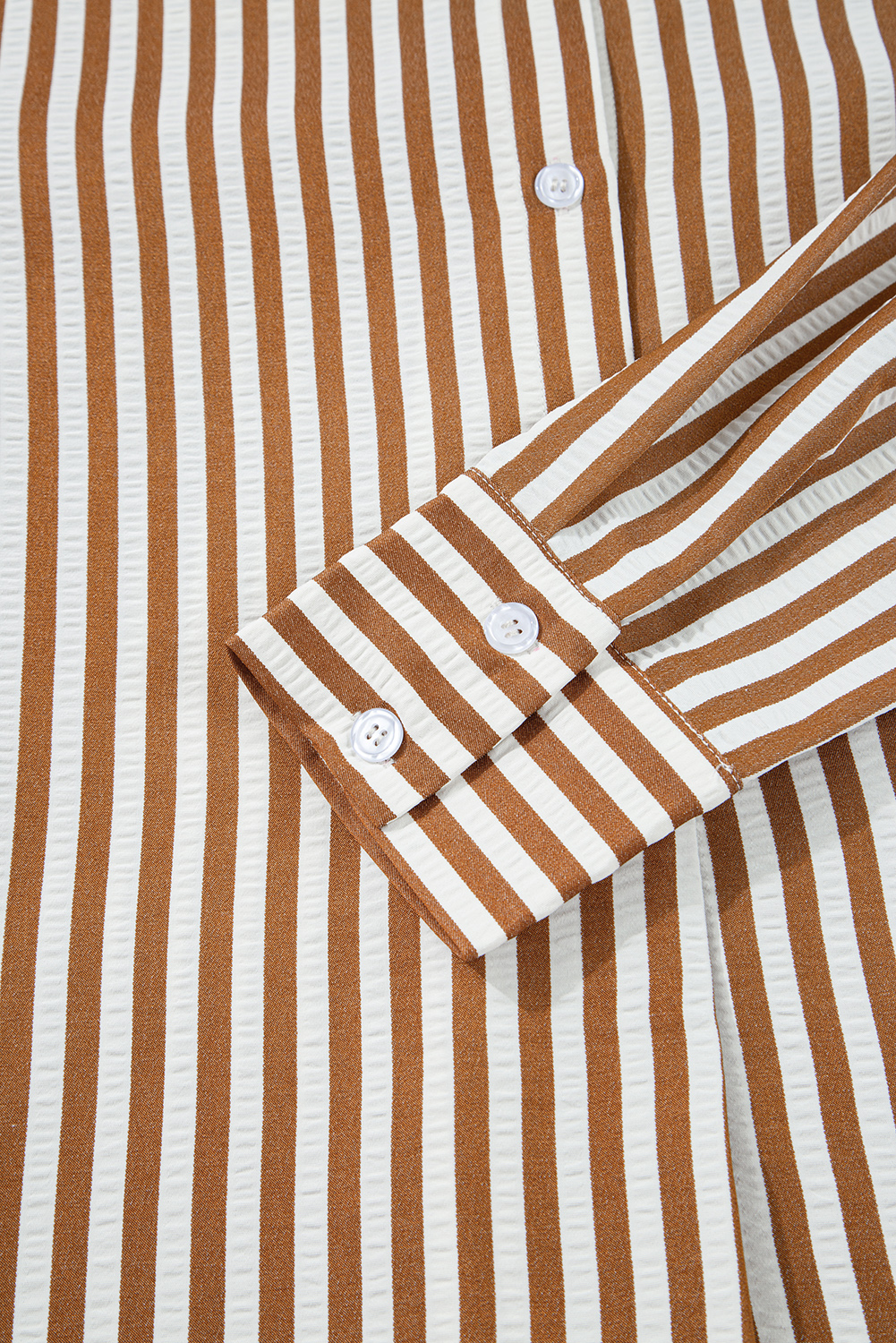 Brown Stripe Ruffled Hem Collared Long Sleeve Shirt Mini Dress