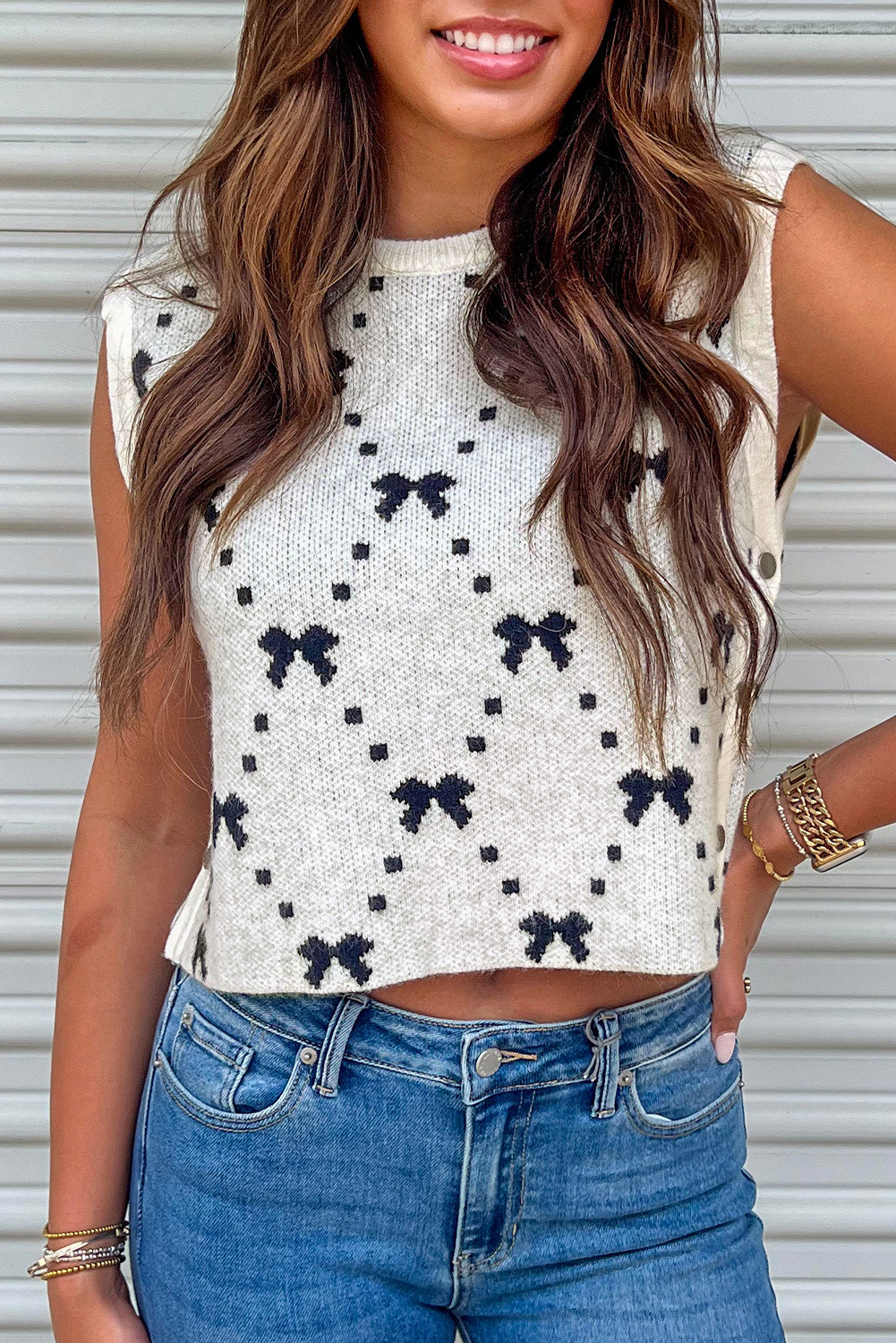 Black Preppy Vibes Bow Print Zipped Collar Sweater Tee